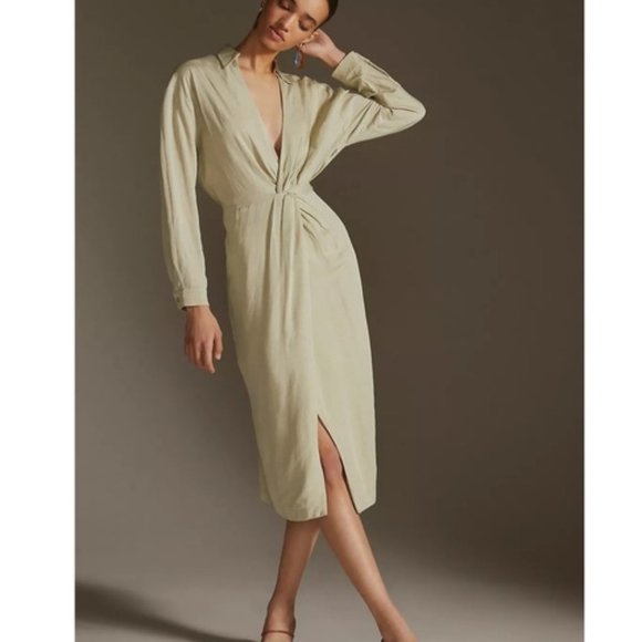 Anthropologie 4 NWT V-Neck Knot Front Midi Dress Sage Green Linen Blend - Picture 3 of 12